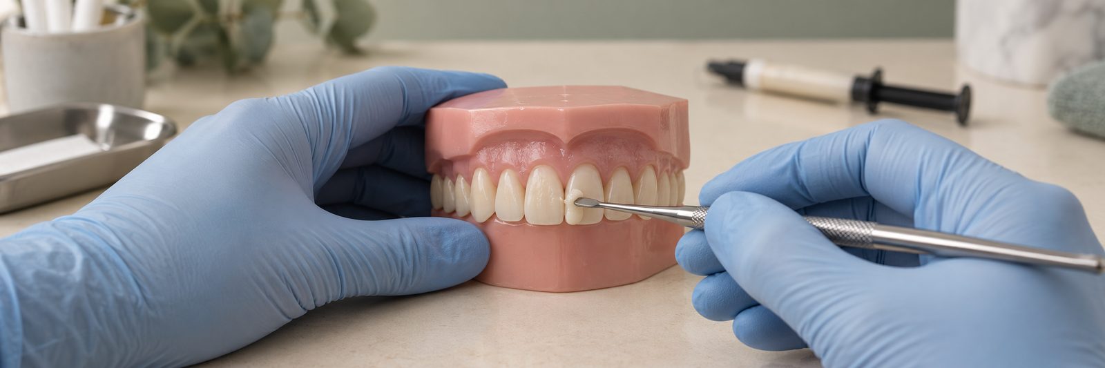 A dentist shaping composite resin on a front tooth of a dental teaching model