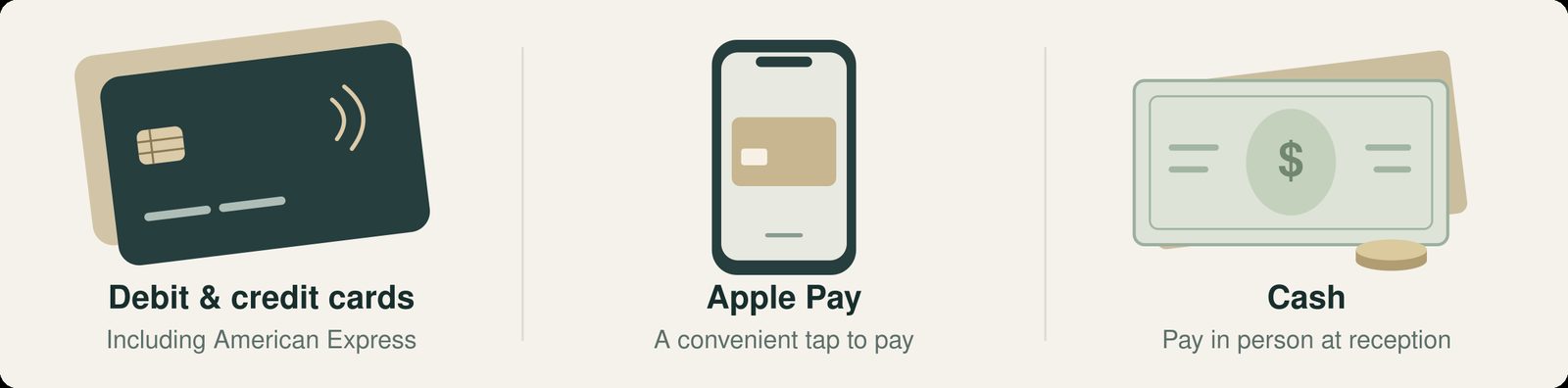 Icons for debit and credit cards including American Express, Apple Pay, and cash payment options
