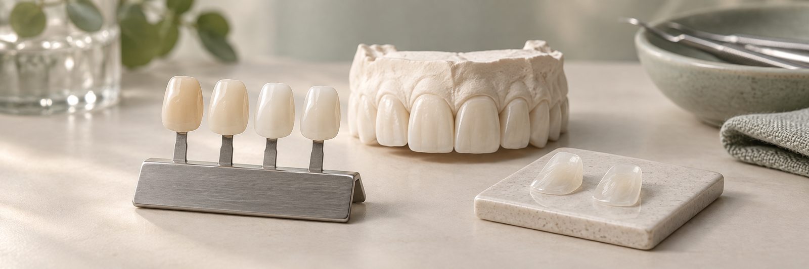 Porcelain veneer shade tabs and sample veneers next to a dental model, illustrating shade and shape discussion points