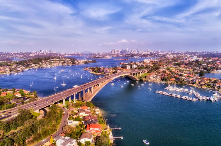 Aerial view of Sydney harbour and bridge near Gladesville